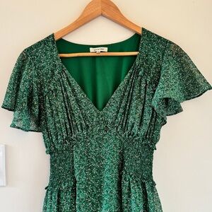 Max Studio Green Floral Midi Dress Smocked Waist Cottagecore XS